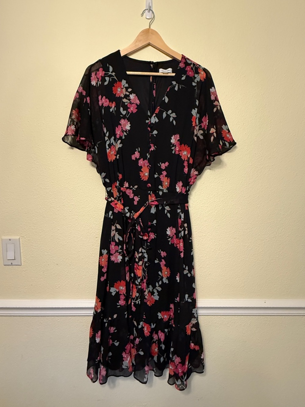 Calvin Klein Black Midi Dress with Pink & Coral Floral Print